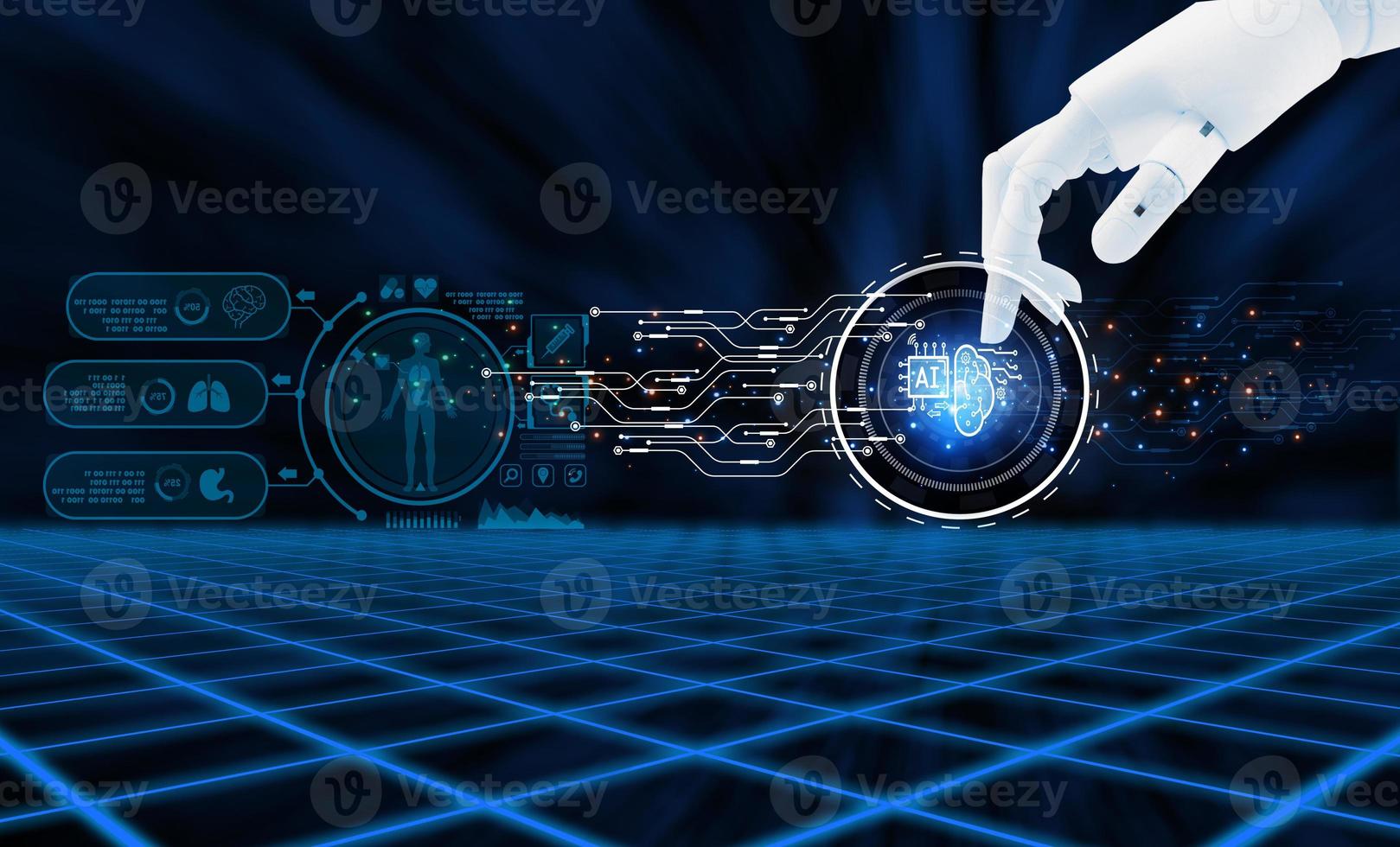 Robot hand and medical artificial intelligence. Medical diagnosis AI. Health tech. AI diagnostics. Health diagnosis technology. Big data healthcare. Healthcare analytics. Healthcare innovation. photo