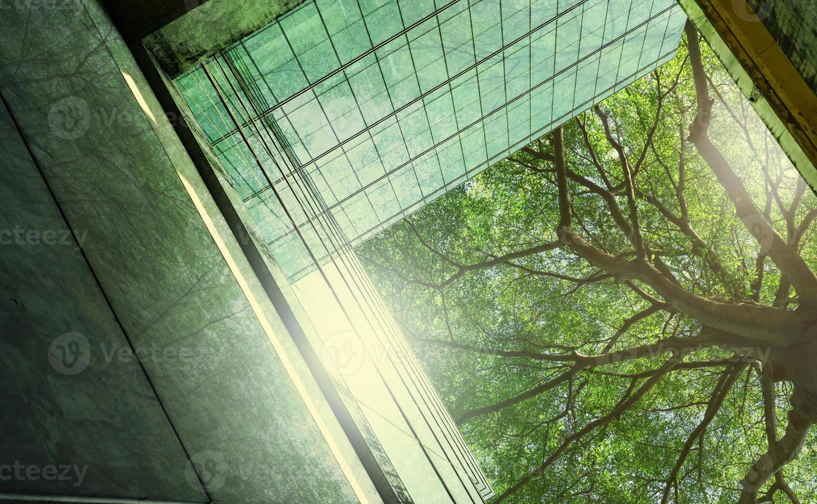 Sustainble green building. Eco-friendly building in modern city. Sustainable glass office building with tree for reducing carbon dioxide. Office with green environment. Corporate building reduce CO2. photo