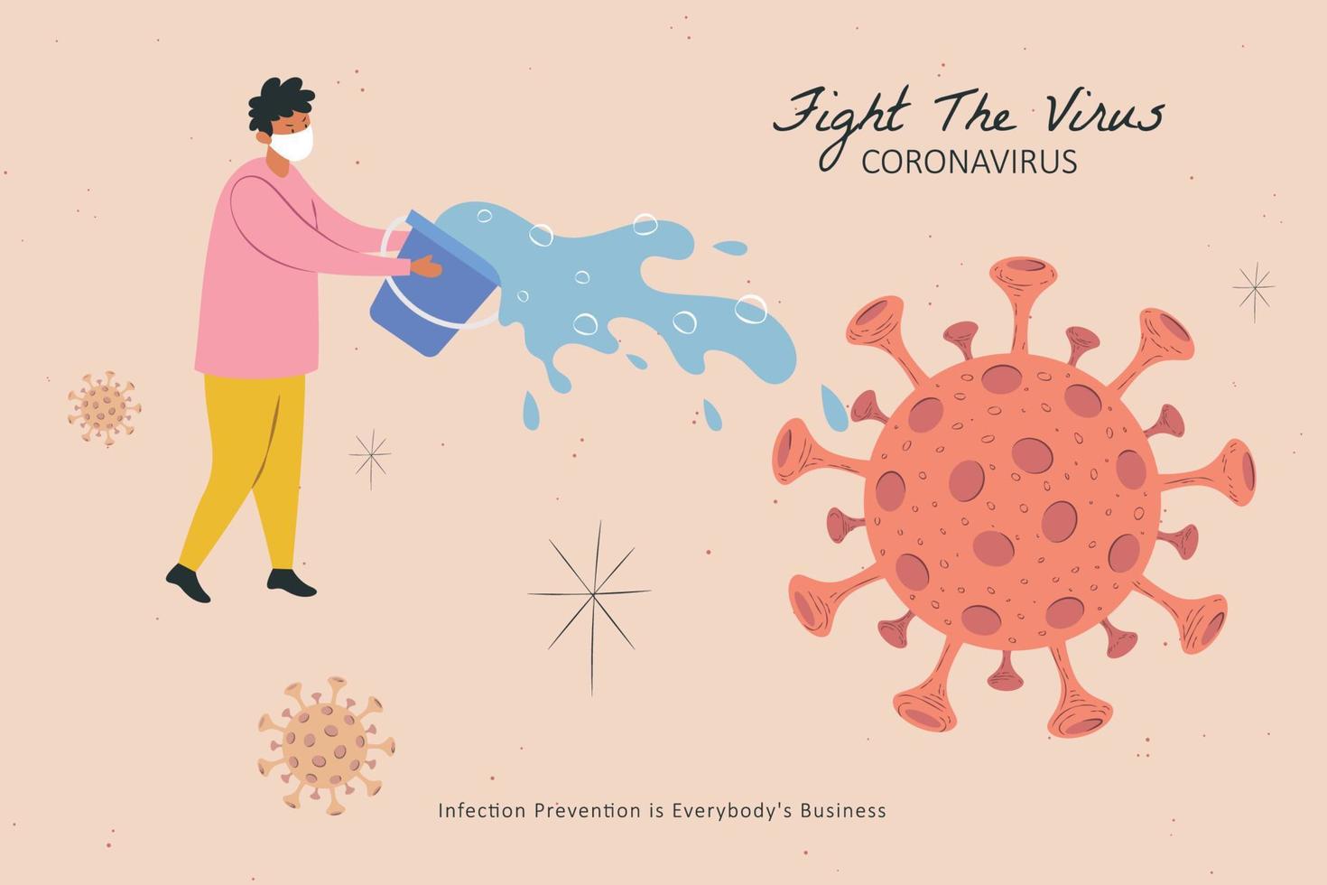 Man pouring a bucket of water over the virus, COVID-19 environmental cleaning concept illustration vector