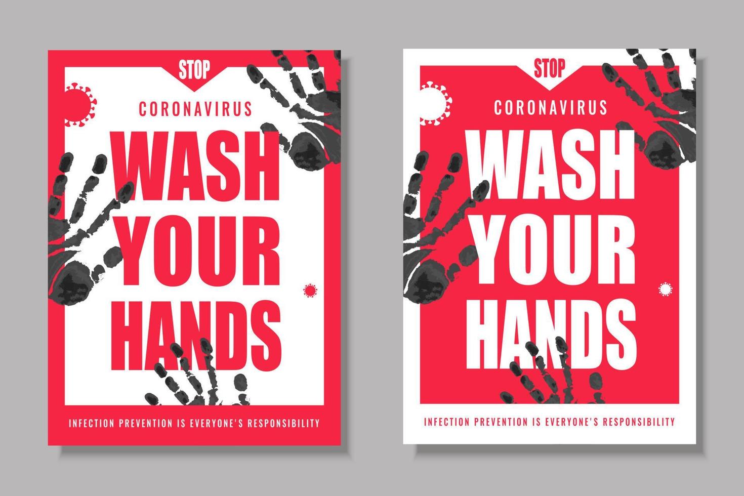 Wash your hands warning poster for COVID-19 prevention notice, hand prints and virus elements vector