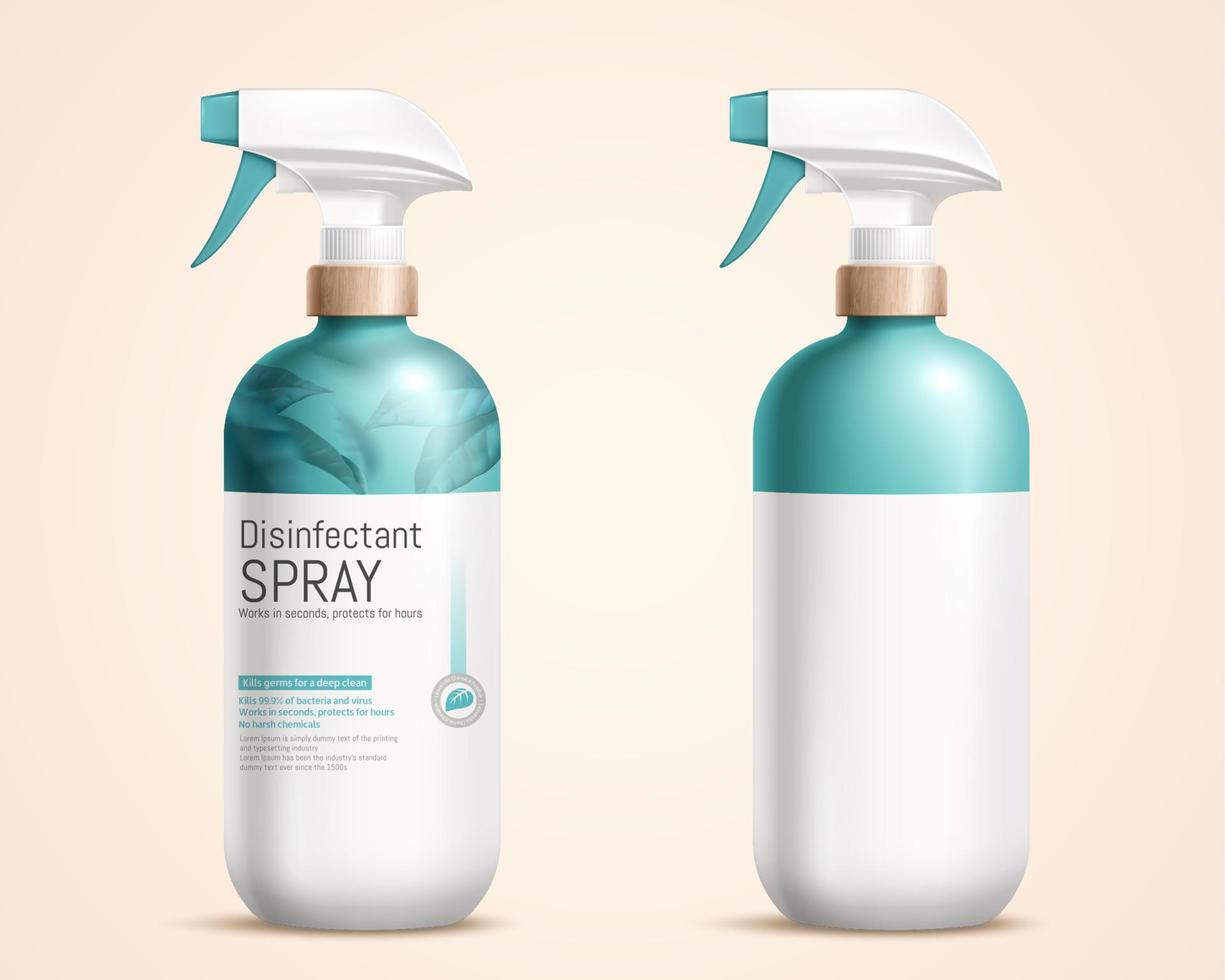 3d illustration of trigger spray bottle mock-ups, one with label design and one without, isolated on light yellow background vector