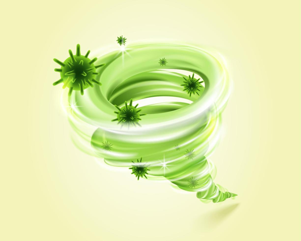 3d illustration of green vortex taking away bad germs and virus, concept of deep cleaning and disinfecting, isolated on light green background vector