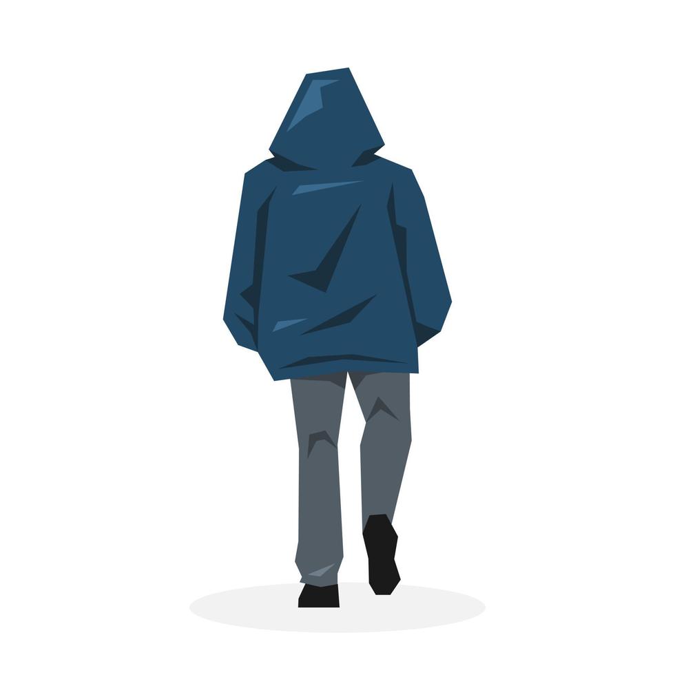 personaje en encapuchado chaqueta caminando posterior vista. aislado en blanco antecedentes. humano concepto, actividad. plano vector ilustración.