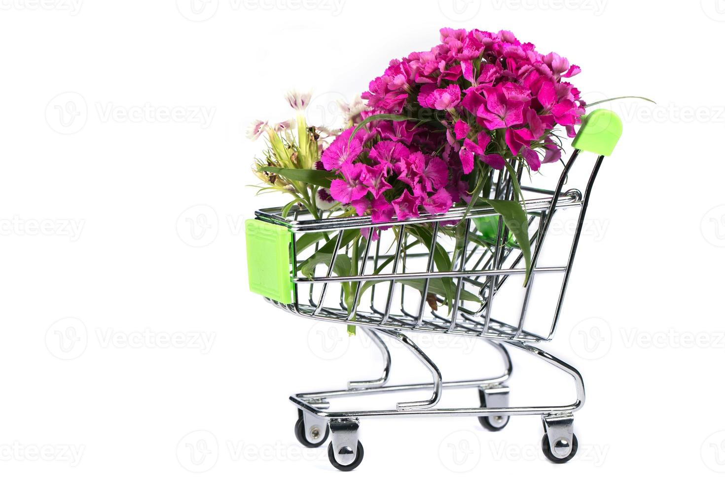 Supermarket trolley with flowers on a white background. Sale of flowers. photo