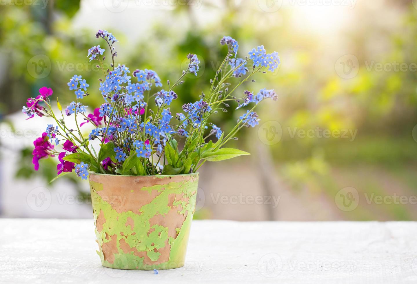 Spring or summer background. A bouquet of wildflowers in an old flowerpot lit by sunlight. Beautiful flowers on a green background. photo