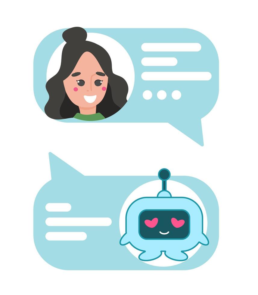 Chatbot character. Online helper chatting with woman, virtual robot answers questions by customer, dialog help service vector