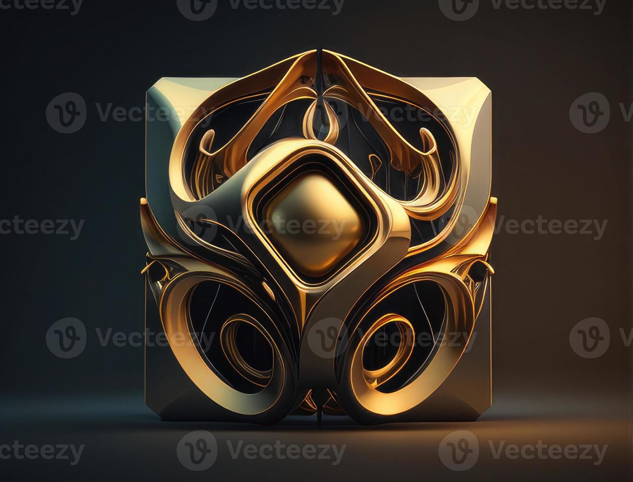 Abstract 3D model made of gold and metal for interior decoration. Perspective geometric unusual background with wireframe photo
