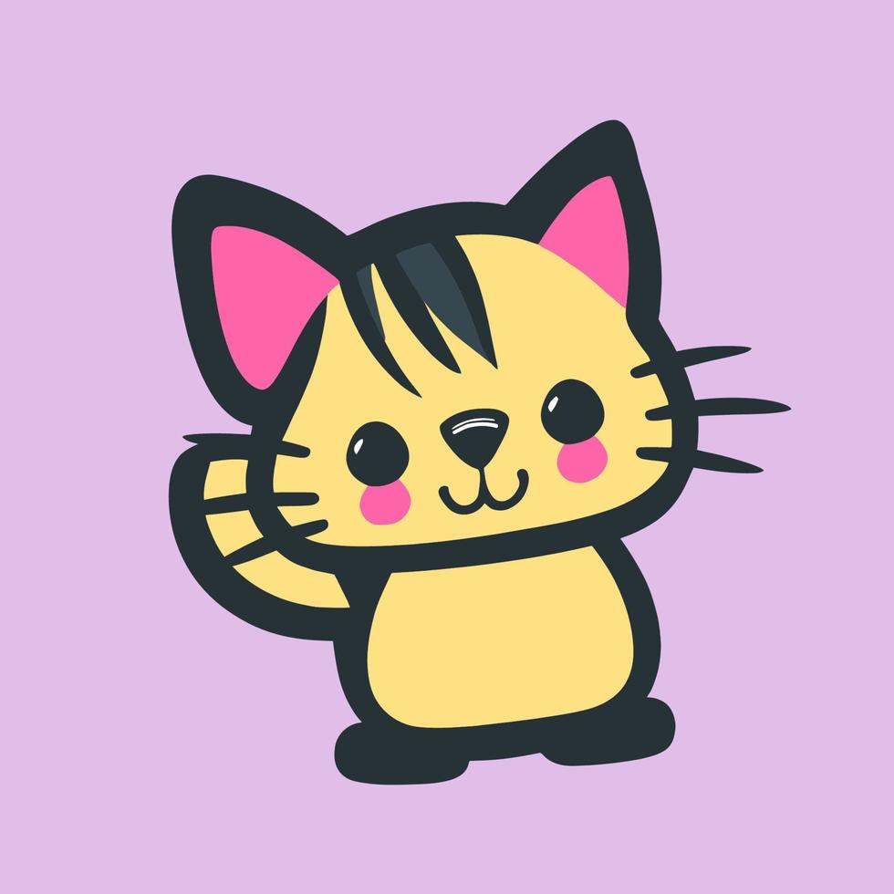 Cute kawaii kitten character illustration, vector sticker with pastel color background.
