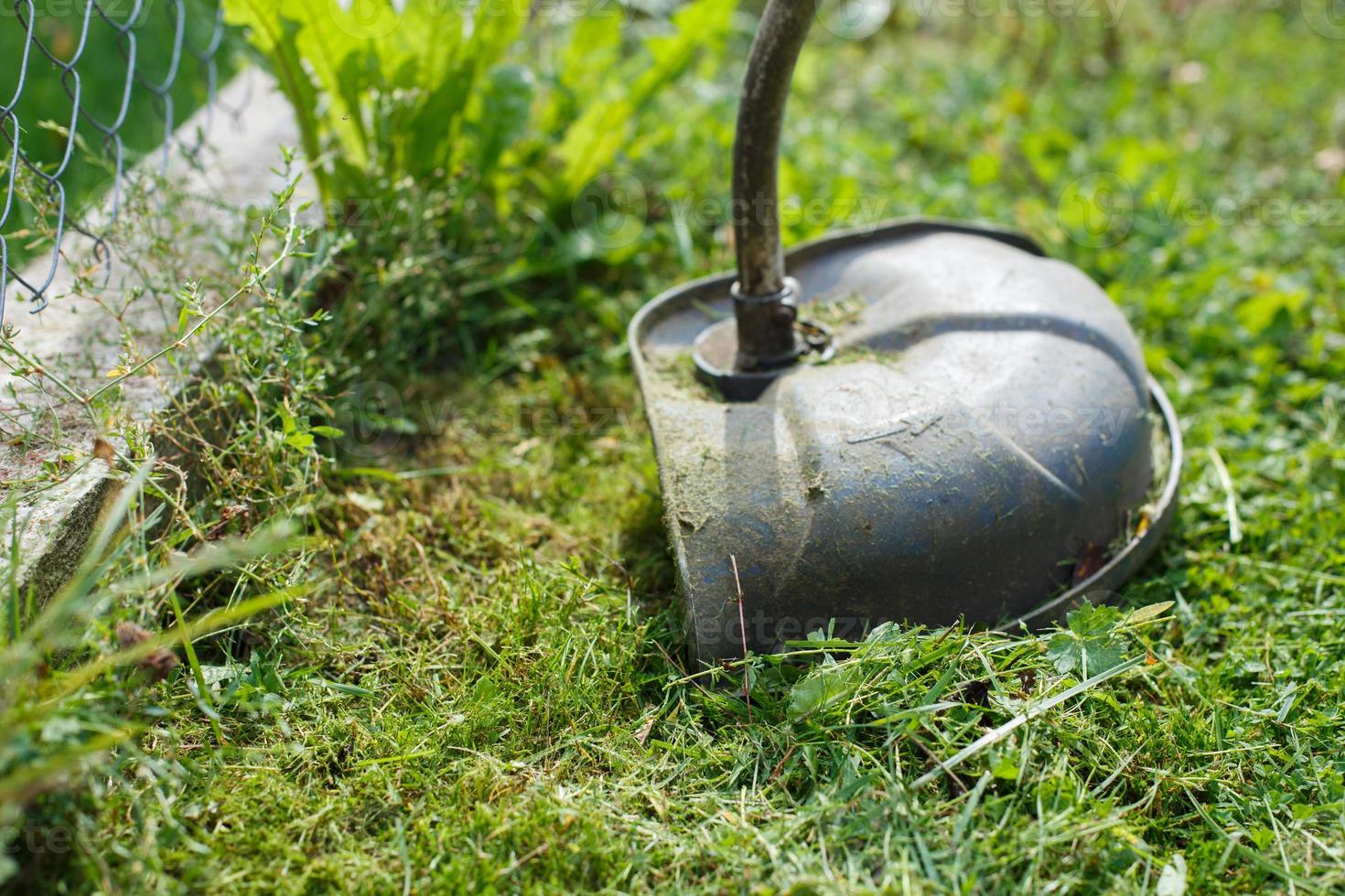 a man mows grass with a trimmer outdoor photo