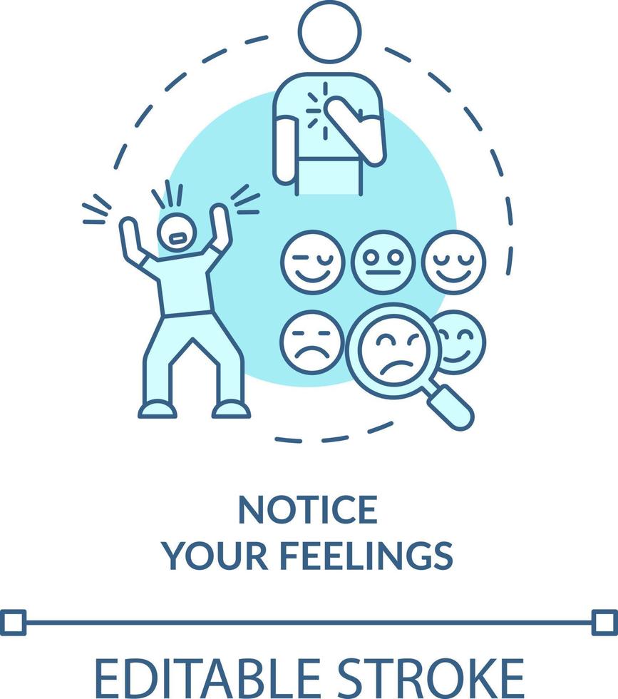 Notice your feelings turquoise concept icon. Physical symptoms. Emotional regulation abstract idea thin line illustration. Isolated outline drawing. Editable stroke vector