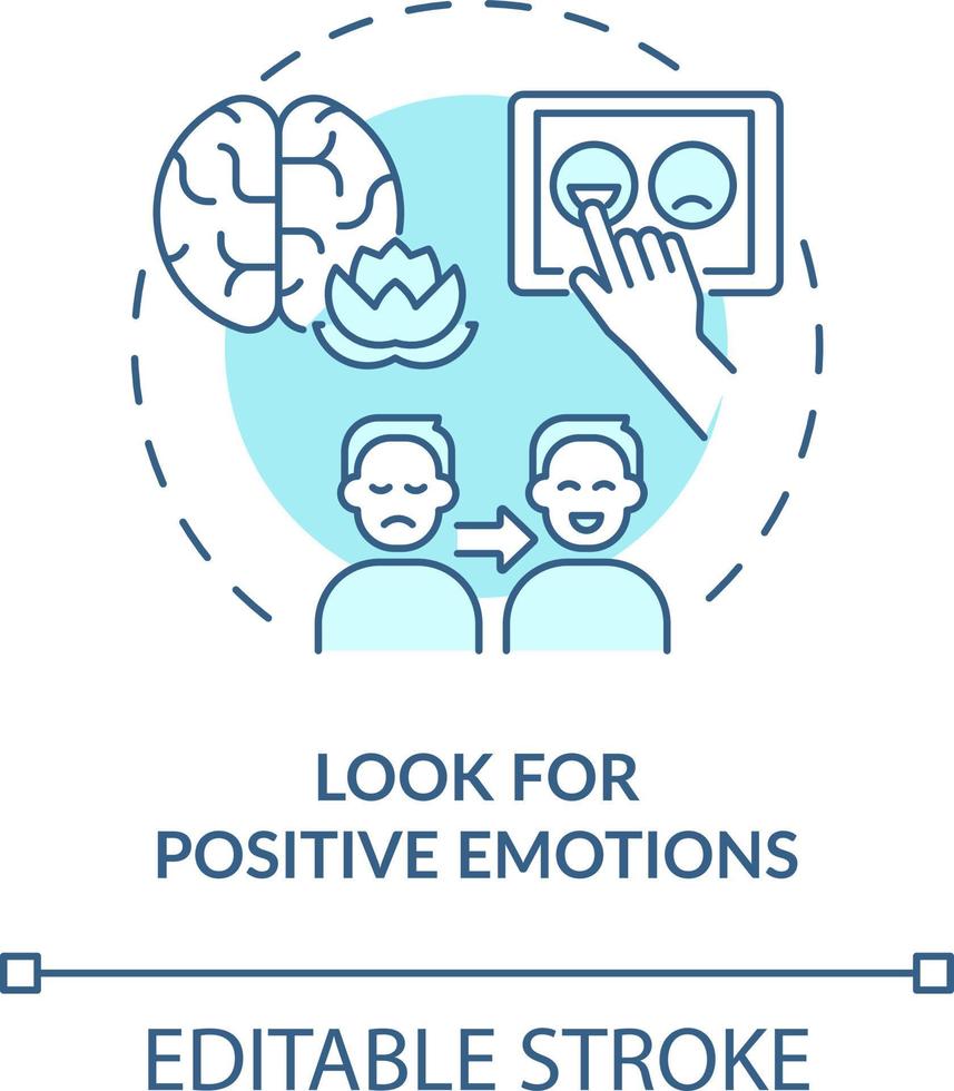 Look for positive emotions turquoise concept icon. Strategy for emotional regulation abstract idea thin line illustration. Isolated outline drawing. Editable stroke vector