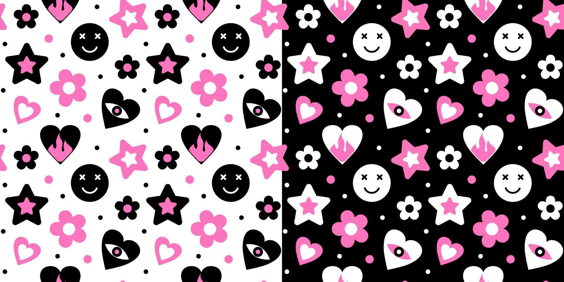 conjunto de sin costura emo modelo. vector ilustración. gótico romántico antecedentes con rosado y negro corazones, estrellas, ojos y flores antiguo estilo de el 90s y 00s.