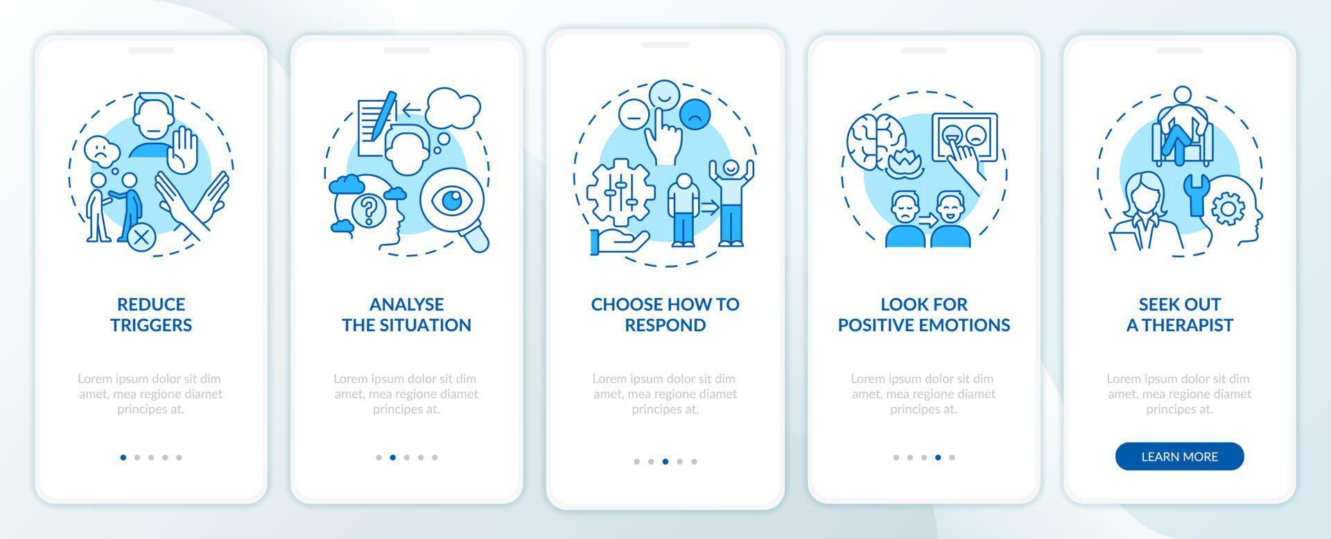 Strategies for emotional regulation blue onboarding mobile app screen. Walkthrough 5 steps editable graphic instructions with linear concepts. UI, UX, GUI template vector