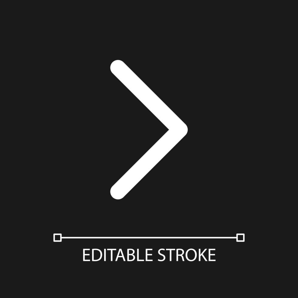 Right arrow pixel perfect white linear ui icon for dark theme. Navigation. Angle bracket. Vector line pictogram. Isolated user interface symbol for night mode. Editable stroke