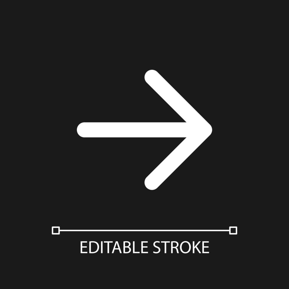 Rightwards arrow pixel perfect white linear ui icon for dark theme. Pressing right. Setting menu. Vector line pictogram. Isolated user interface symbol for night mode. Editable stroke