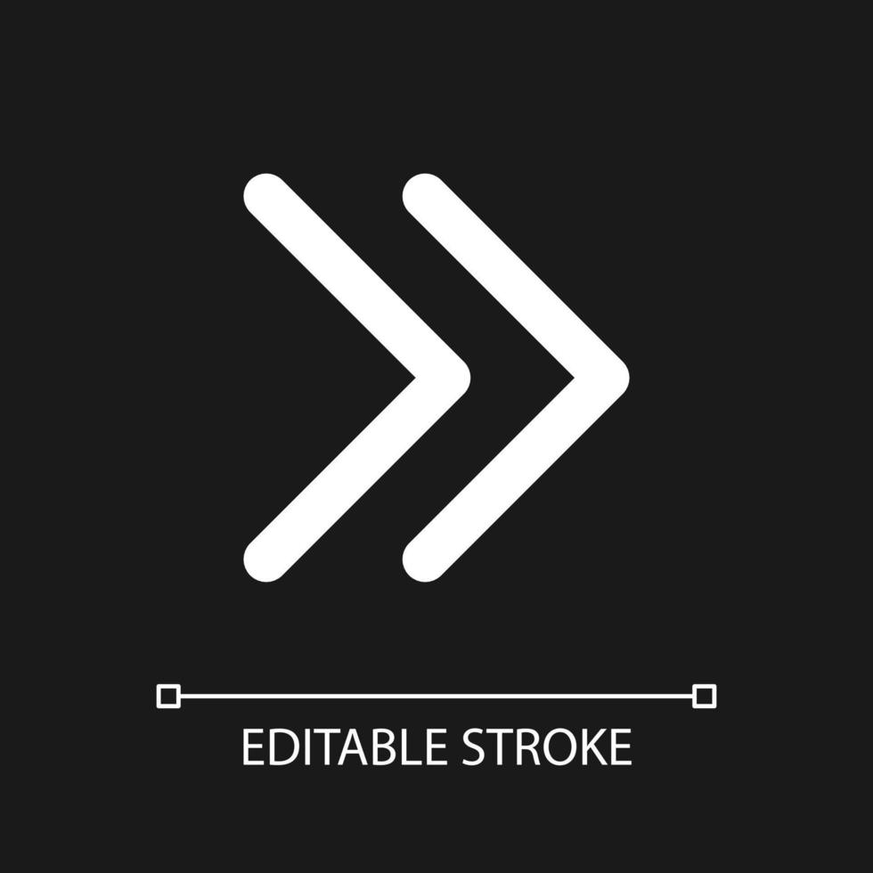 Right double arrow pixel perfect white linear ui icon for dark theme. Fast forward. Speed up. Vector line pictogram. Isolated user interface symbol for night mode. Editable stroke