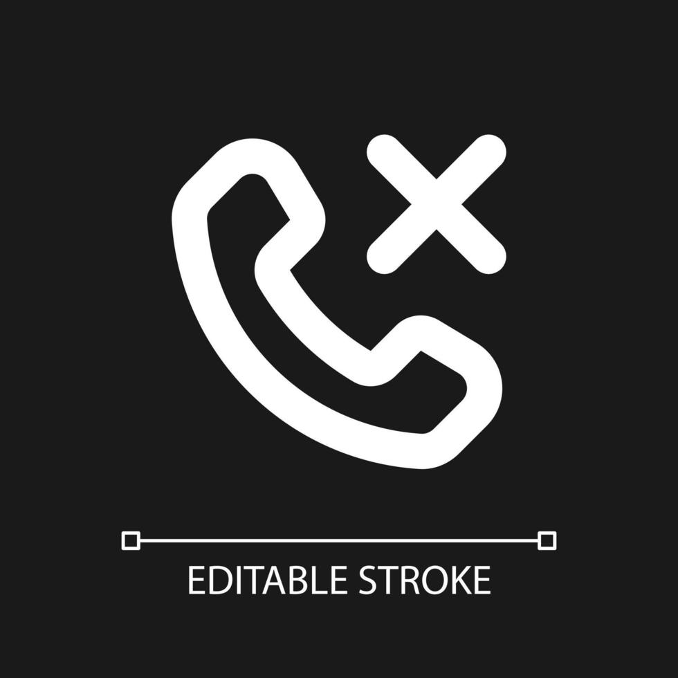 Decline phone call pixel perfect white linear ui icon for dark theme. Reject feature. Vector line pictogram. Isolated user interface symbol for night mode. Editable stroke