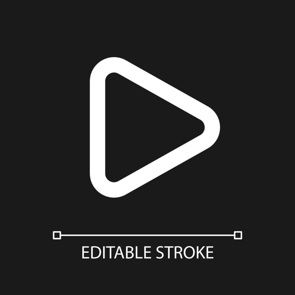 Play button pixel perfect white linear ui icon for dark theme. Music player. Playback. Vector line pictogram. Isolated user interface symbol for night mode. Editable stroke