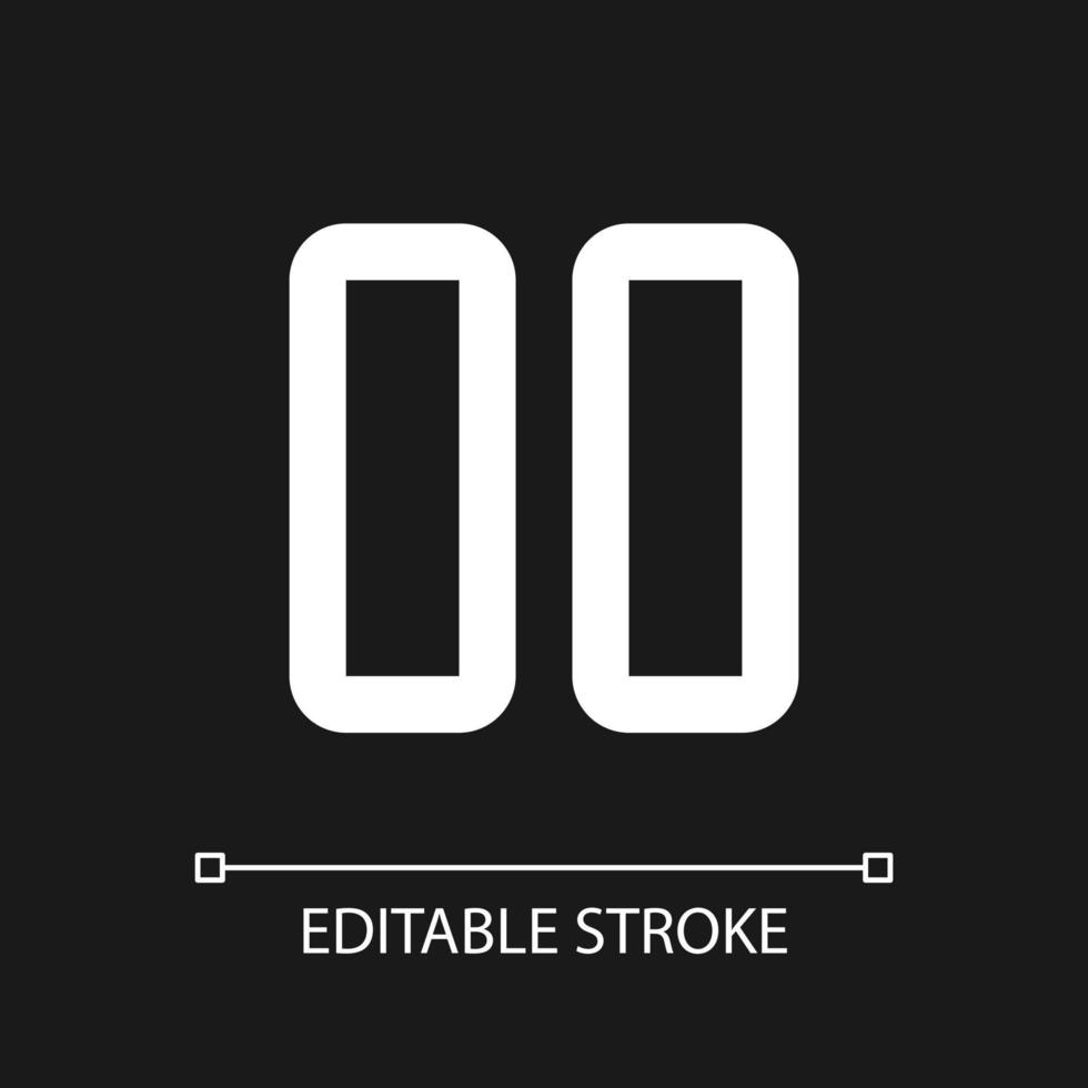 Pause button pixel perfect white linear ui icon for dark theme. Music player. Playing multimedia. Vector line pictogram. Isolated user interface symbol for night mode. Editable stroke