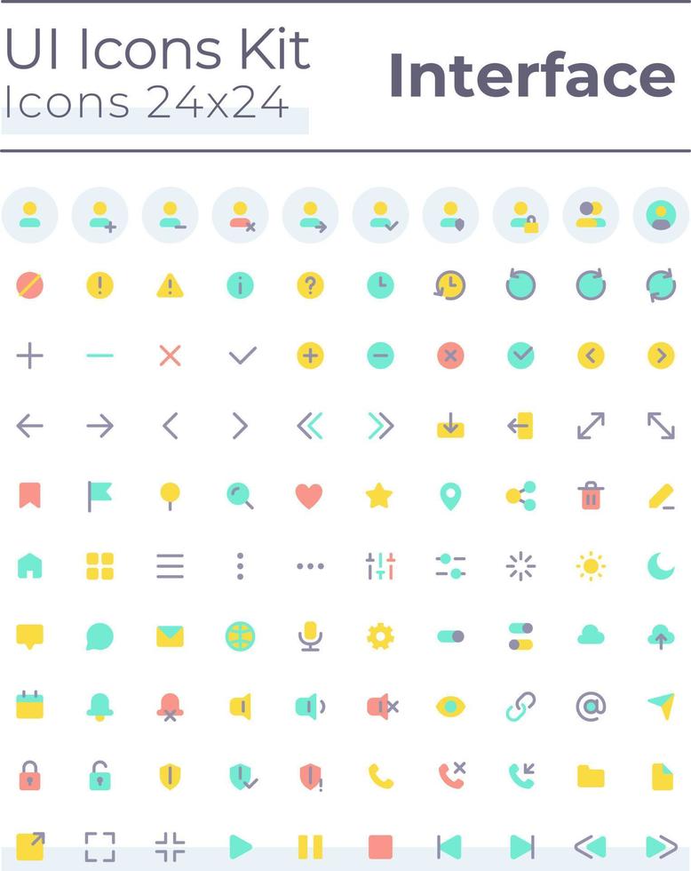 Comprehensible and simple looking flat color ui icons set. System settings. Music player. Contacts. GUI, UX design for mobile app. Vector isolated RGB pictograms