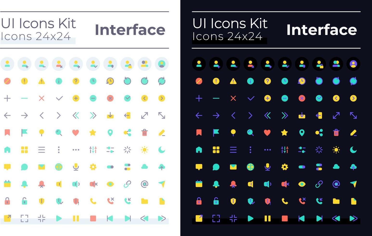 Minimalistic and simple looking flat color ui icons set for dark, light mode. Smartphone navigation. GUI, UX design for mobile app. Vector isolated RGB pictograms