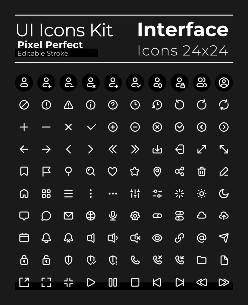 comprensible píxel Perfecto blanco lineal ui íconos conjunto para oscuro tema. aislado usuario interfaz símbolos para noche modo. vector línea pictogramas. editable carrera