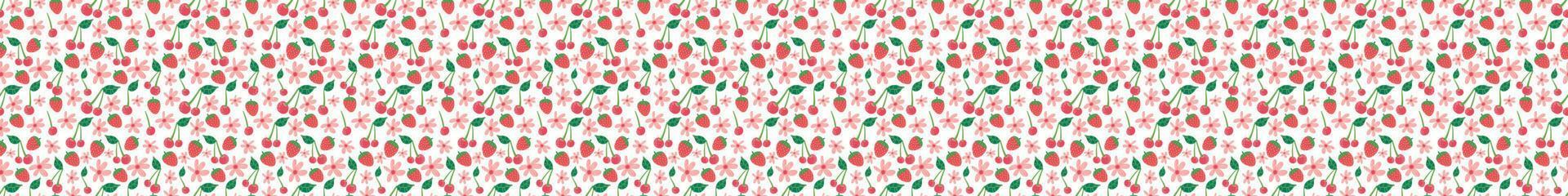 Summer horizontal seamless border with berries and flowers. Vector in doodle style. Repeating horizontal pattern colorful cute healthy strawberry cherry background for fabric trim, footer, banner.