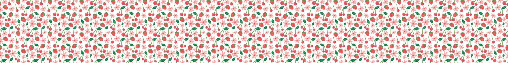 Summer horizontal seamless border with berries and flowers. Vector in doodle style. Repeating horizontal pattern colorful cute healthy strawberry cherry background for fabric trim, footer, banner.