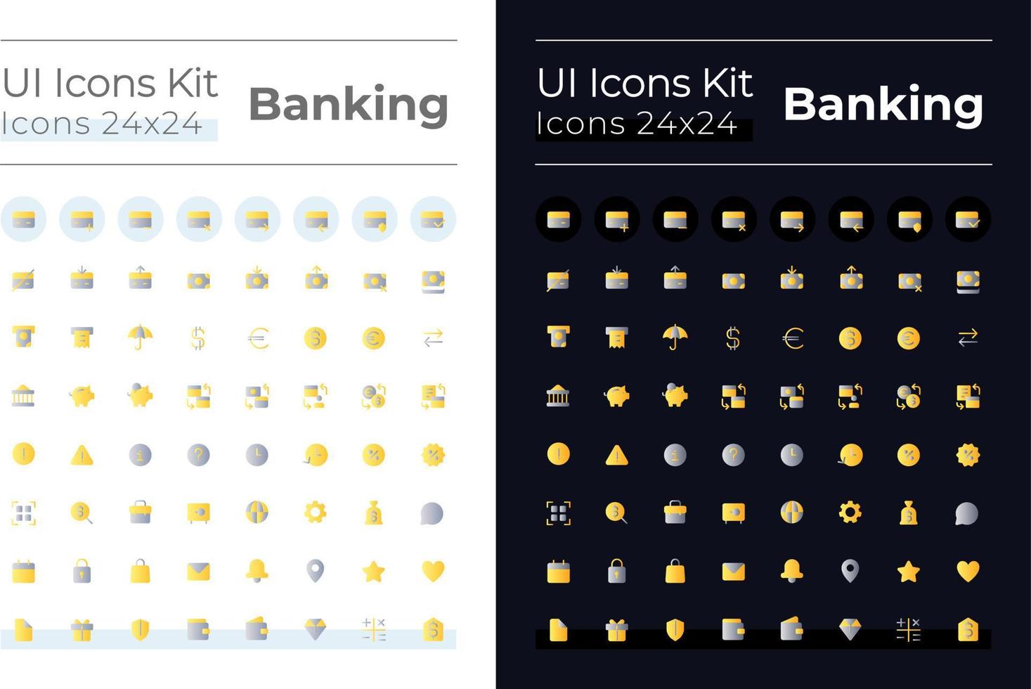 bancario plano degradado color ui íconos conjunto para oscuro, ligero modo. dinero actas y operaciones. vector aislado rgb pictogramas. interfaz gráfica de usuario, ux diseño para web, móvil