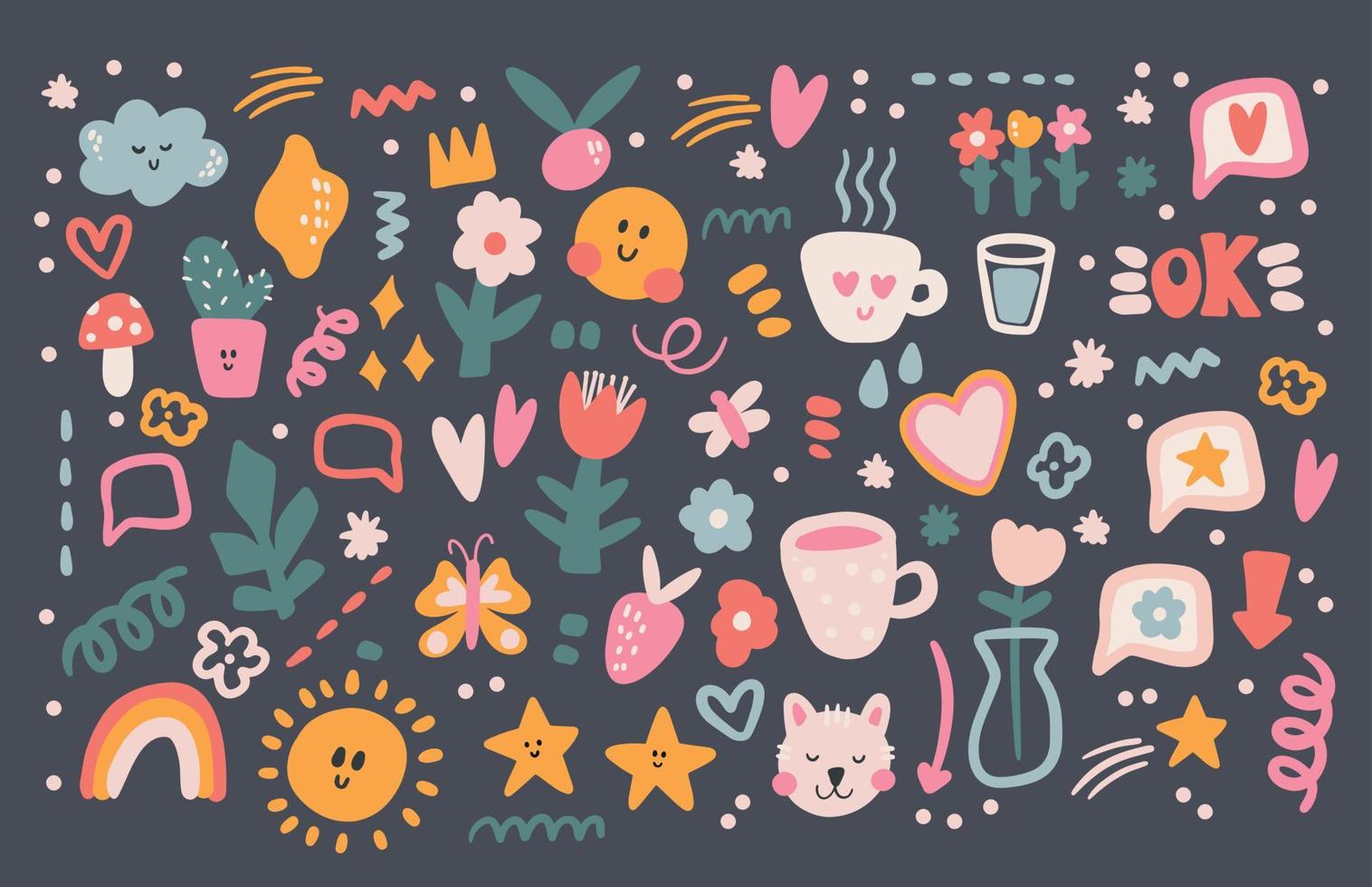 Collection of Cute Stickers for Daily and Weekly Planners. Kawaii Cartoon elements of flowers, stars, heart, rainbow, sun, butterflies and others vector