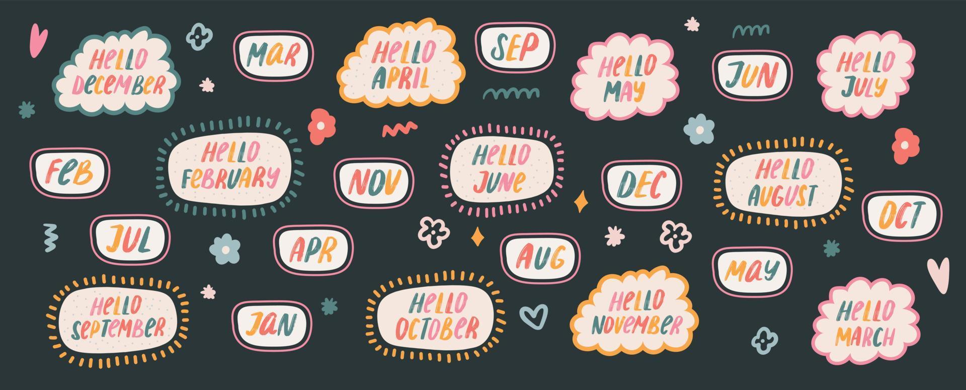 Cute Month of the Year Typography for Monthly and Weekly Planner. Kawaii stickers for scheduler or organizer vector