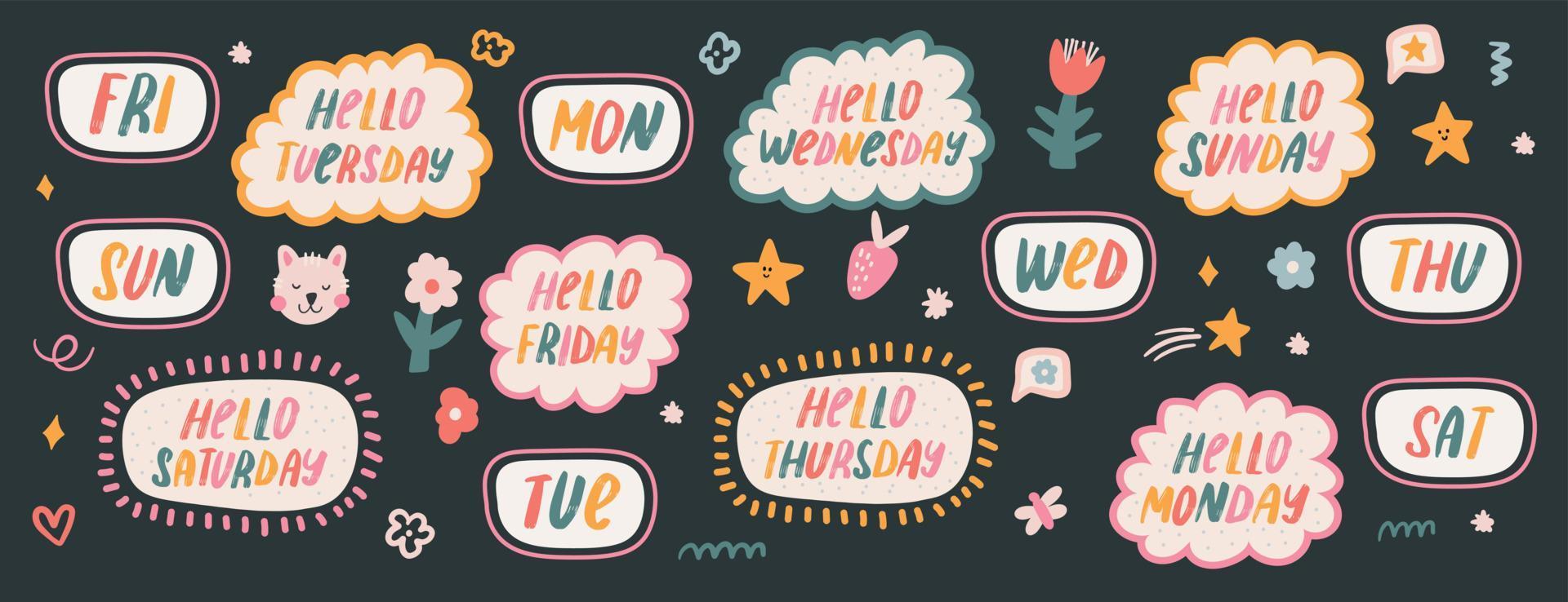 Cute Days of the Week Typography for Daily and Weekly Planner. Kawaii stickers for scheduler or organizer vector