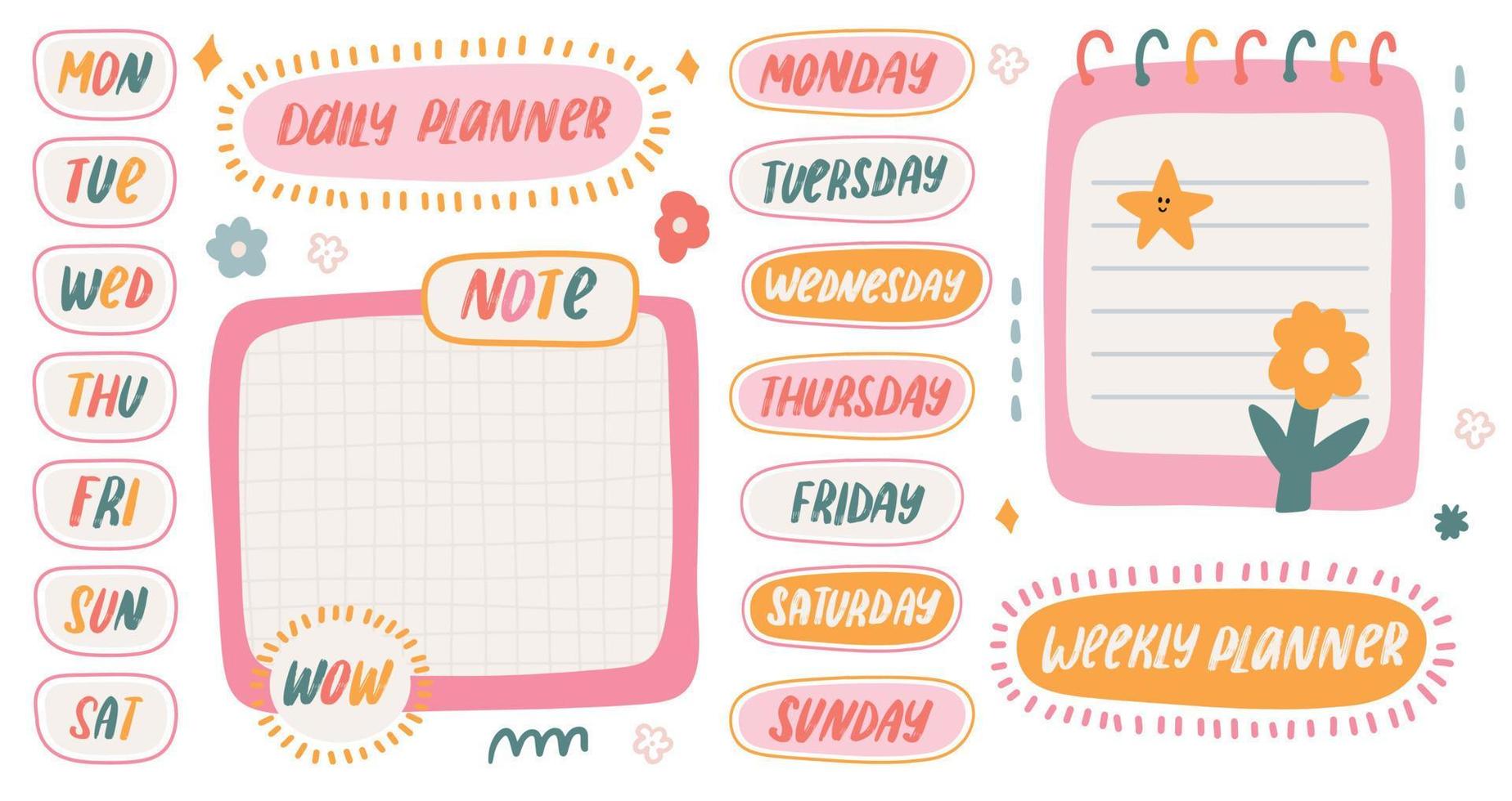 linda pegatinas y blanco papel notas modelo para semanal y diario planificador. kawaii elementos de dias de el semana tipografía. que hacer lista para calendario o organizador vector