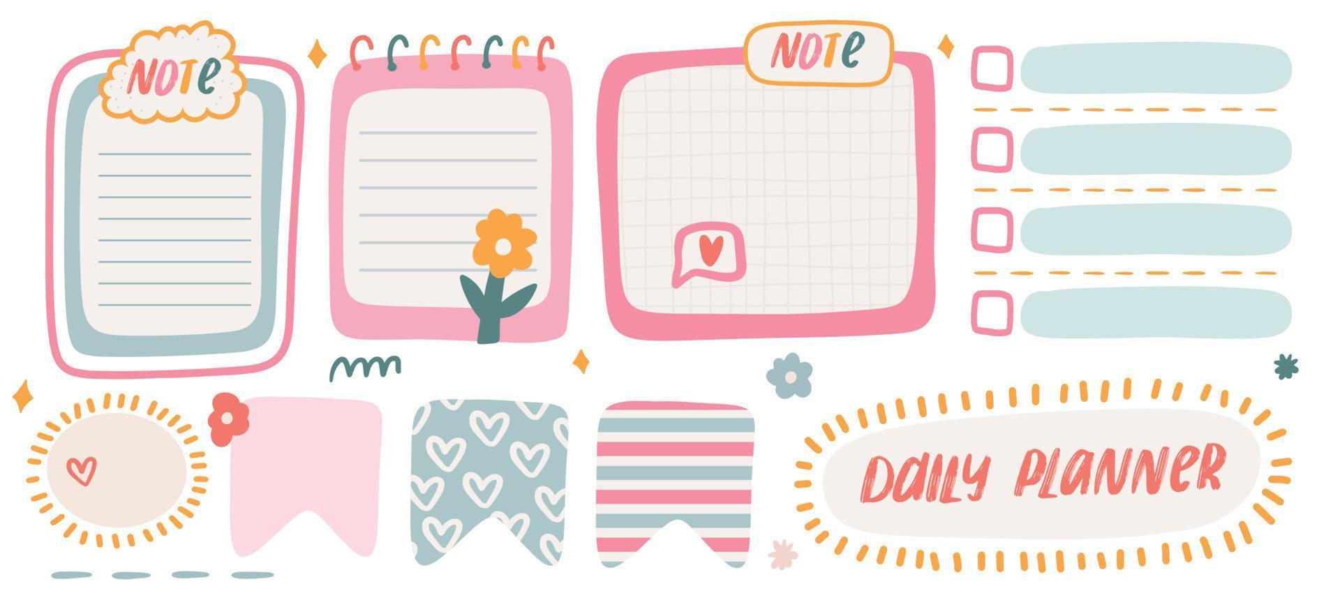 Collection of Cute Blank paper notes for to-do list, Daily and Weekly Planner. Scrapbook Stickers, different pieces of washi tape and bookmarks for scheduler or organizer vector