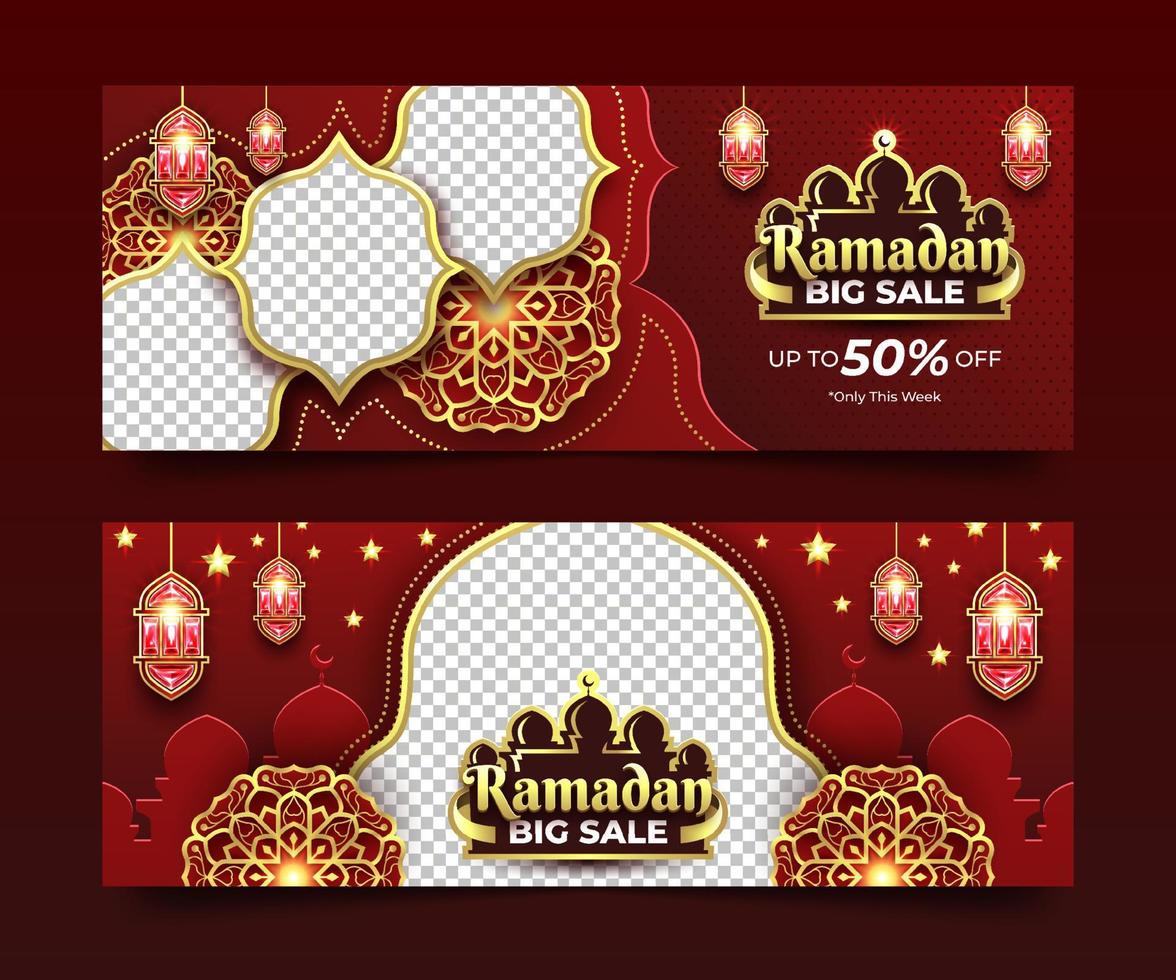 Ramadán kareem grande rebaja pancartas con rojo y oro antecedentes vector