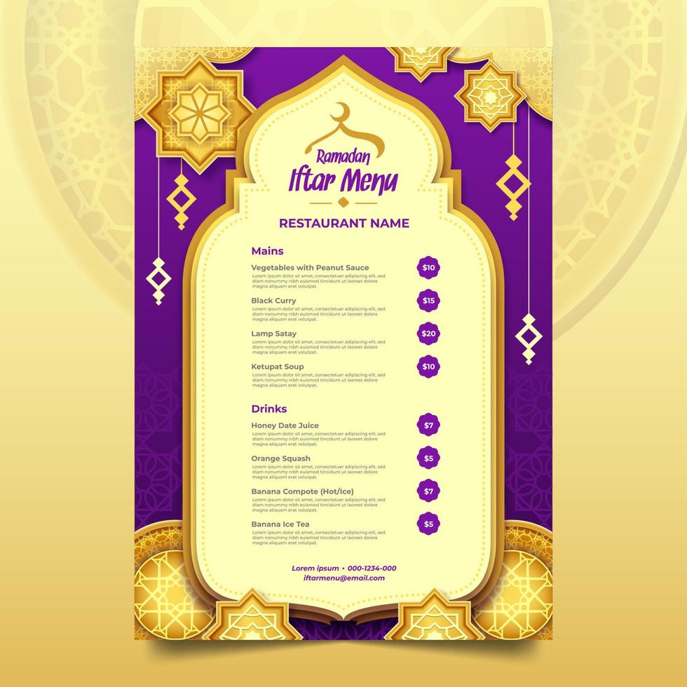 Iftar Menu Template with Elegant Gold and Purple Background vector