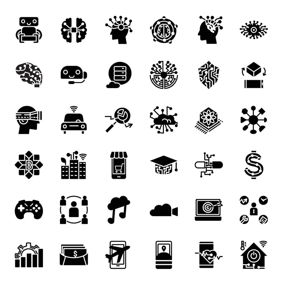 Innovative artificial intelligence and technology icon set in fill style. vector