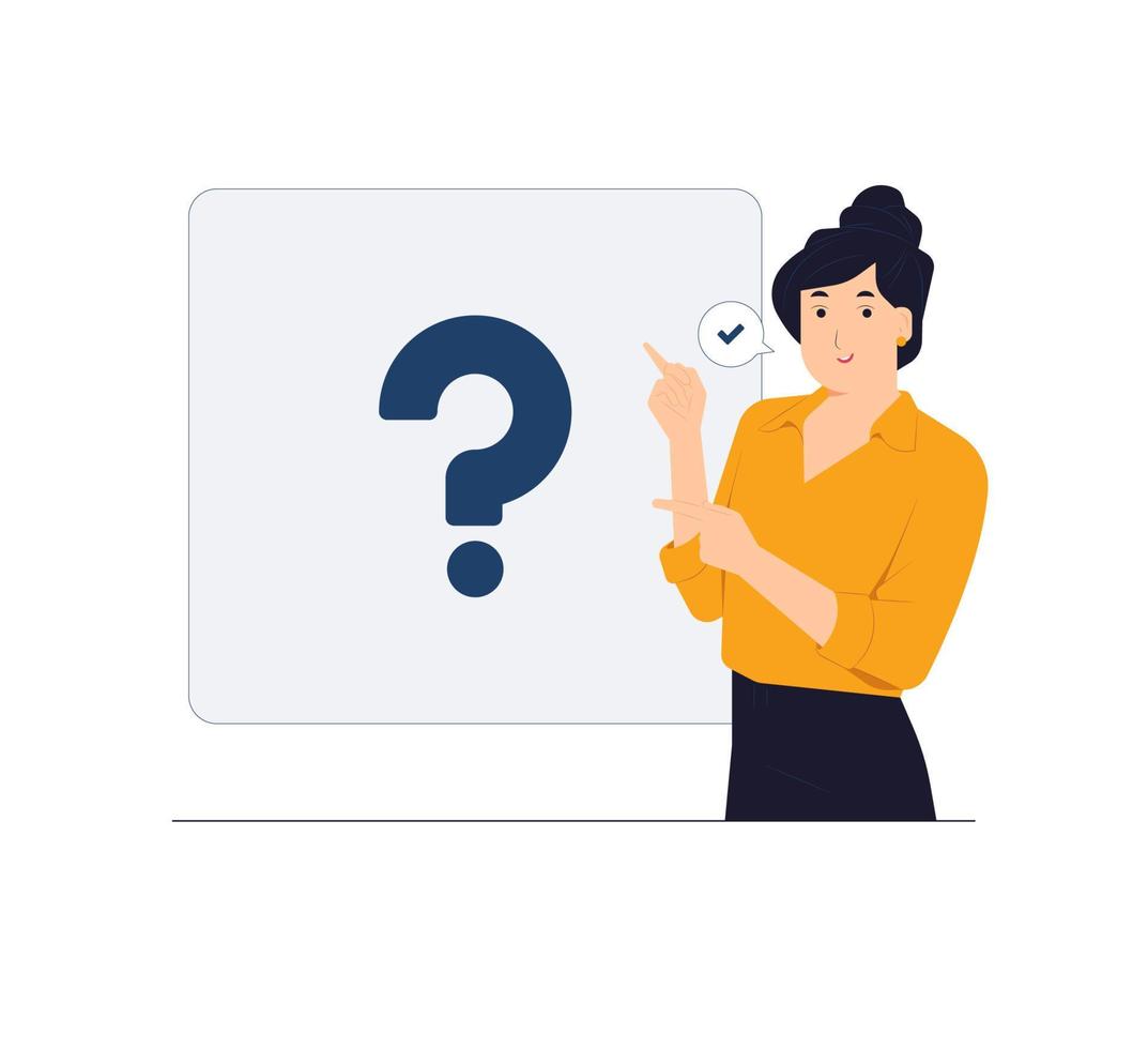 Woman pointing index fingers upper left and right corner with happy expression and showing advices use this copy space wisely concept illustration vector