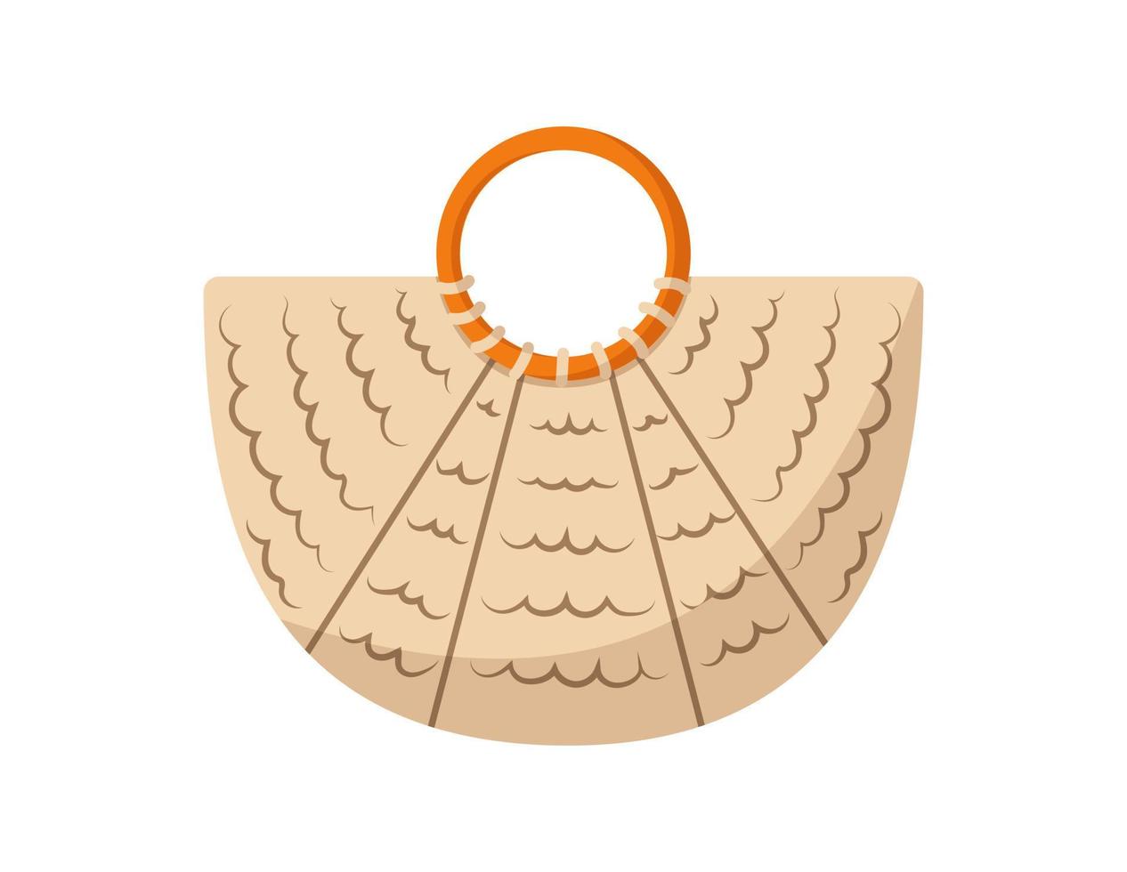 Knitted women's beach bag with round wooden handle, isolated on white background. Fashionable female accessory for recreation, vacation, going to beach. Vector illustration in flat style