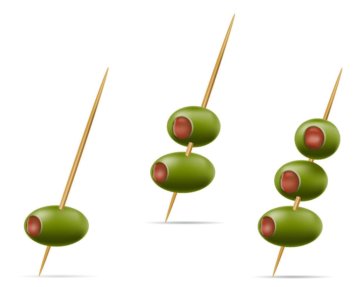 green olives on a cocktail skewer for martini vector illustration isolated on white background