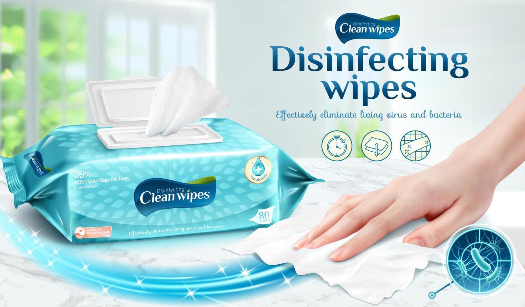 Cleaning wipes ad template, female hand using wet wipe to clean the marble table, 3d illustration vector