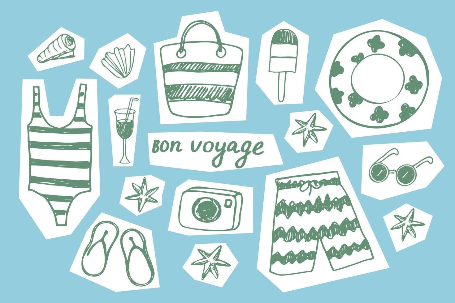 Beach vacation illustration. Set of cute summer. Ice cream icons, swimsuit, seashells, sunglasses. Collection of summer scrapbooking, elements for beach party, banner, postcard. Design element. Vector