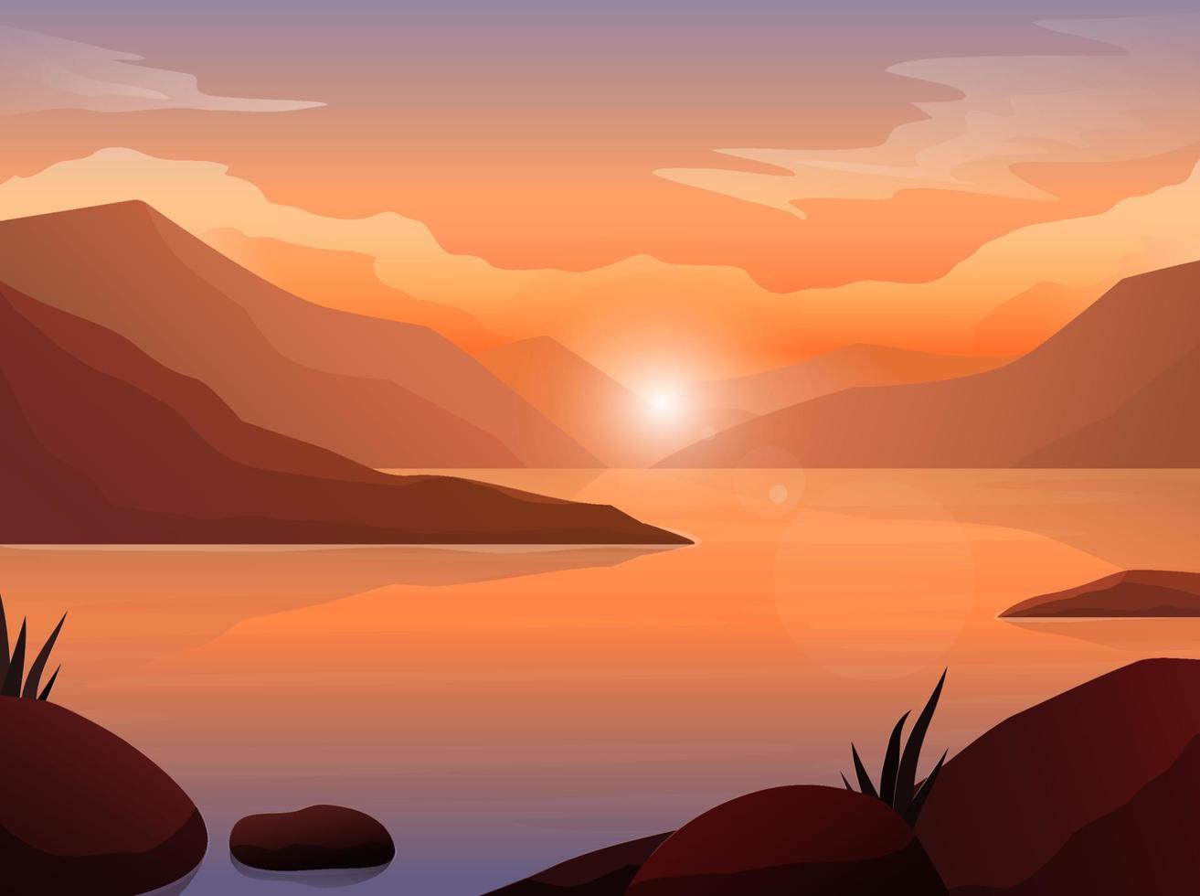 Orange sunset view of lake with mountains. Nature background, landscape with mountains and sun. Vector illustration