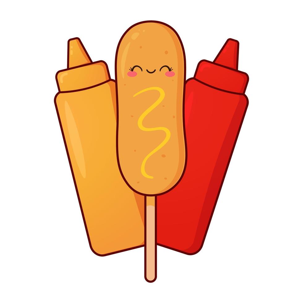 Cute corn dog with sauce bottle. Kawaii character. Cartoon vector illustration.