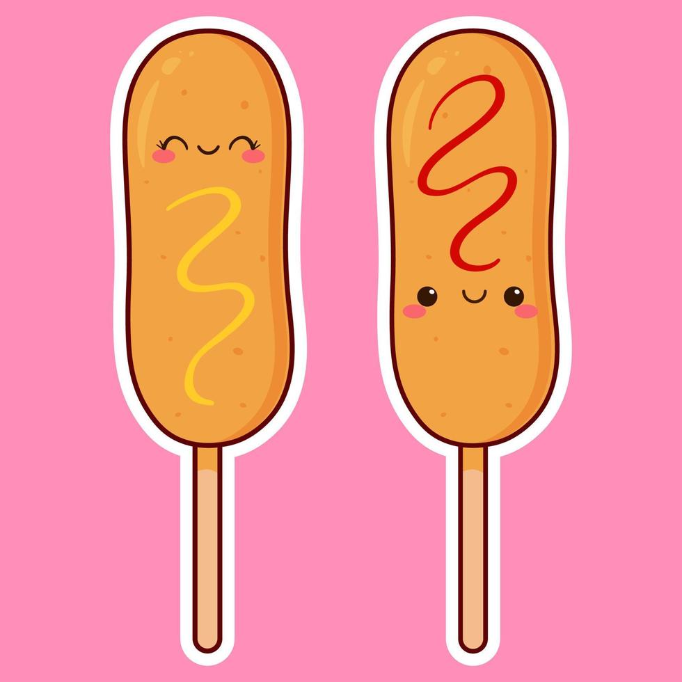 Two kawaii corn dogs. Adorable smiling character. Sausage in dough on a stick with condiments - ketchup and mustard. Sticker design. Flat cartoon vector. vector