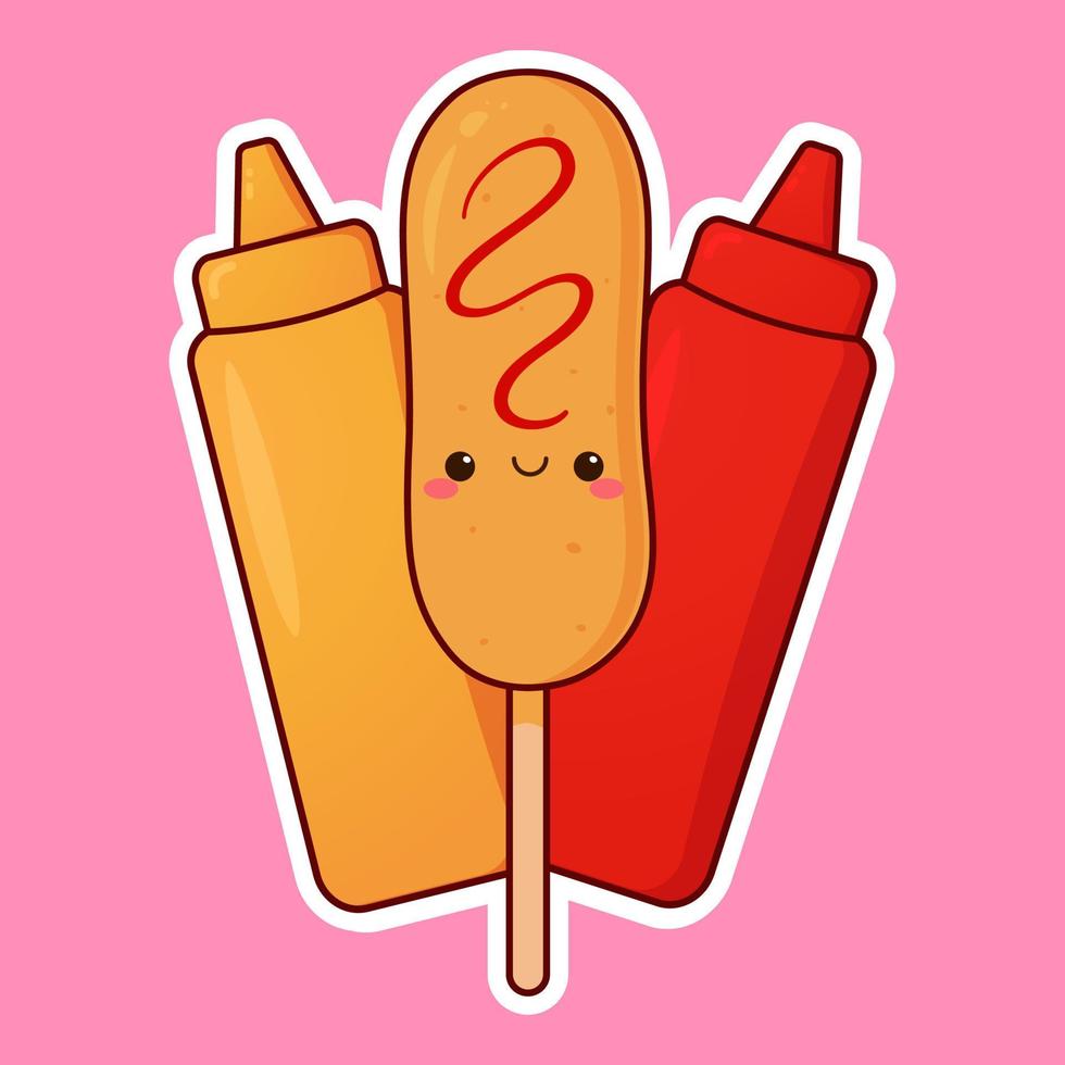 Cute corn dog with sauce bottle. Kawaii character. Cartoon vector illustration. Sticker design.