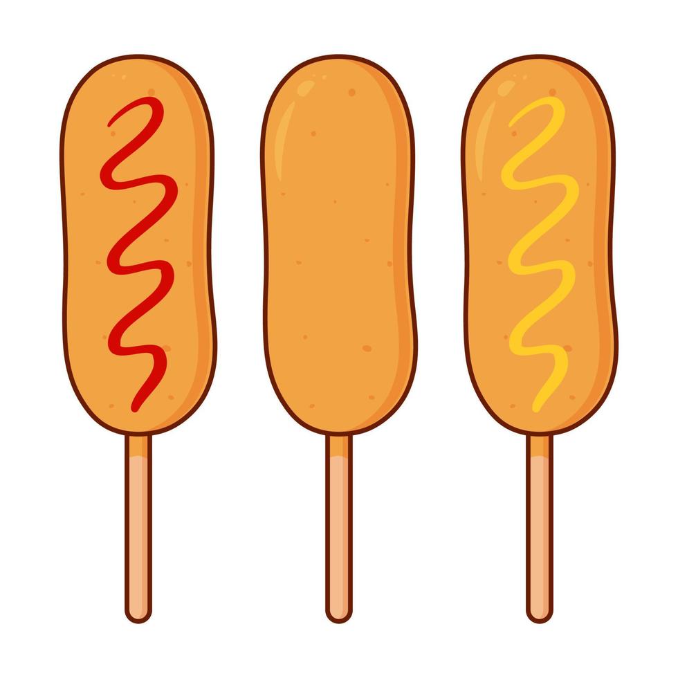 Corn dogs with ketchup and mustard. Sausage in dough on a stick with and without condiments. Cute Asian food set. Flat cartoon vector. vector
