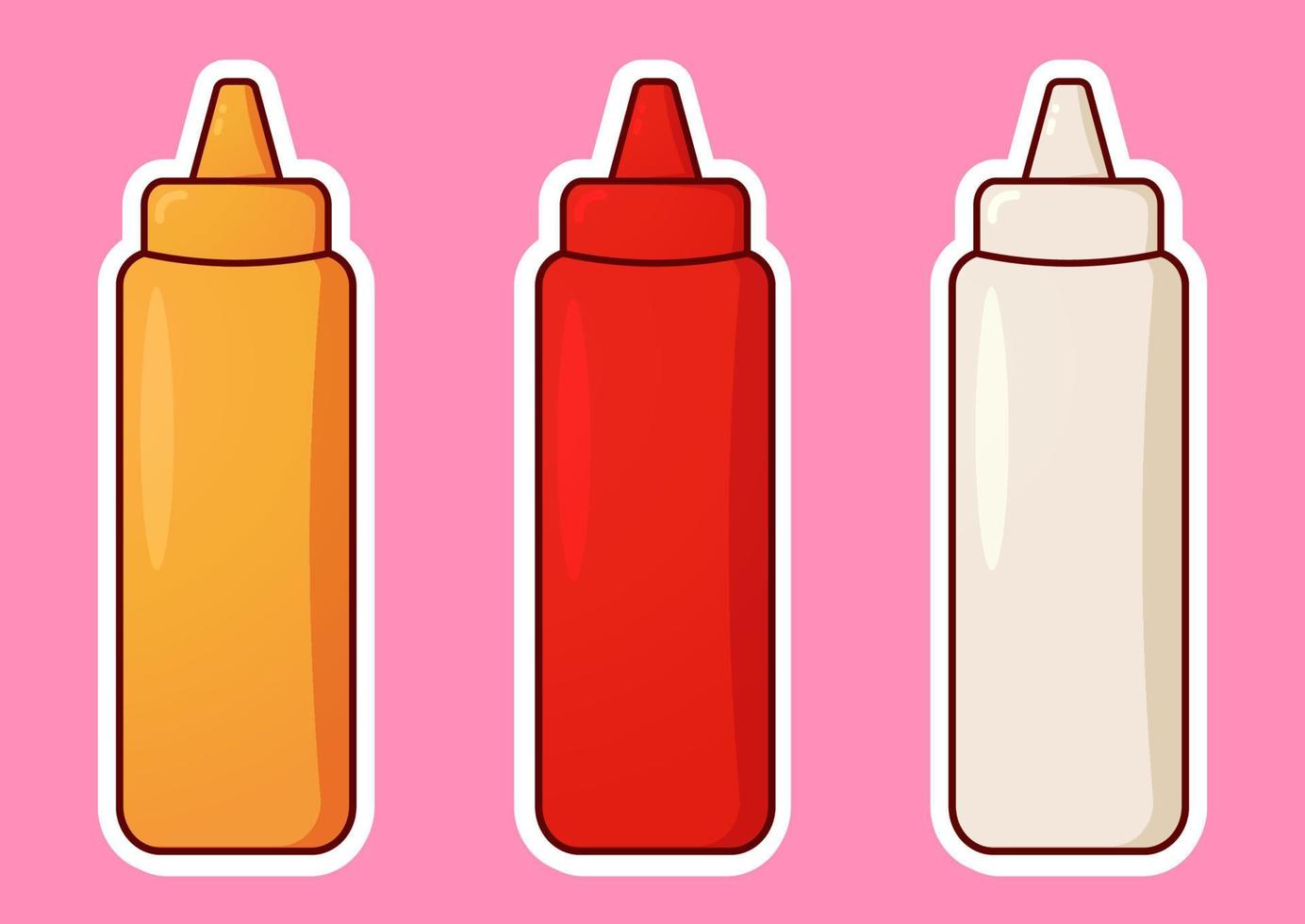 un salsa botella con varios tipos de salsas tomate salsa de tomate, mayonesa, mostaza salsa, o barbacoa salsa. kawaii salsa paquete en el plastico envase. linda dibujos animados vector ilustración. pegatina diseño.