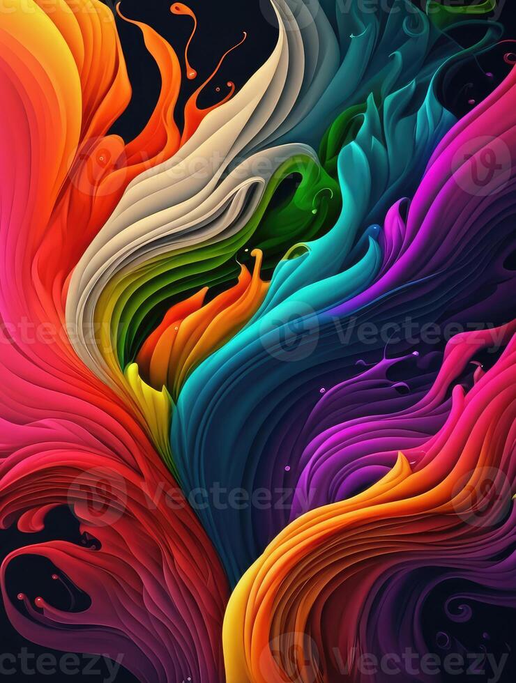 Rainbow liquid paints on black background. photo