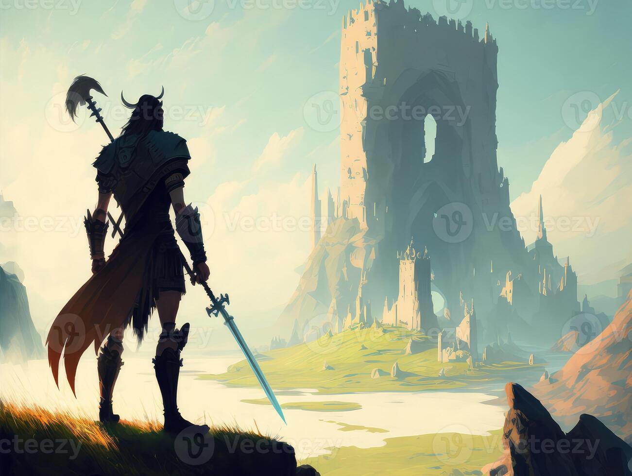 Fantasy landscape with warrior and castle. photo
